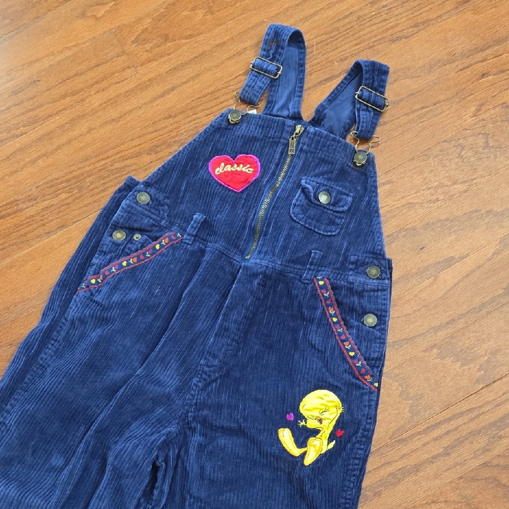 Vintage Looney Tunes Navy Corduroy Kids Overalls Size 10/12